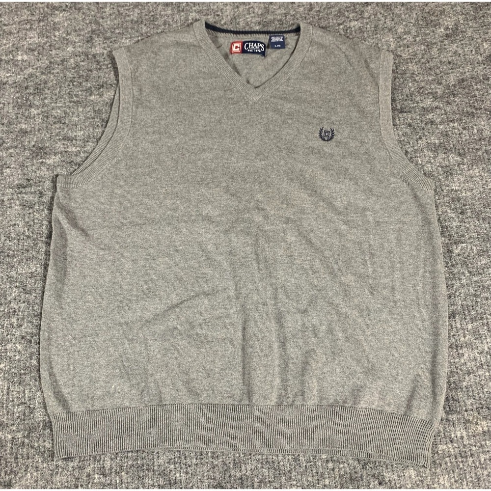 Chaps Sweater Vest‎ Mens L Gray Sleeveless Crest Golf Preppy Luxury Academia